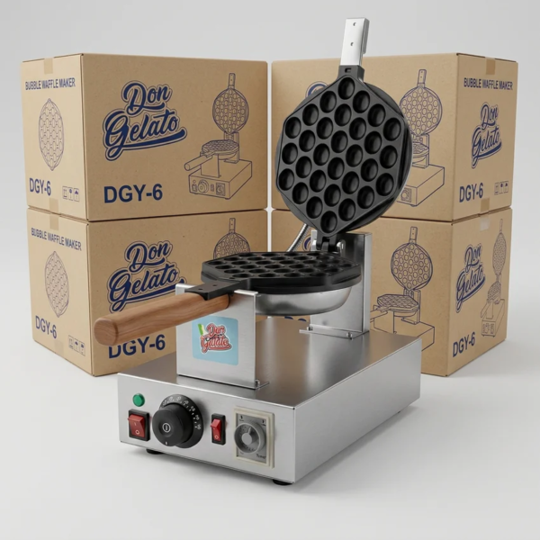 Търговска продуктова снимка на Bubble Waffle гофретник Don Gelato с готова златисто изпечена гофрета, представена върху стойка. Визията показва едновременно уреда, крайния резултат и added value на промо офертата.