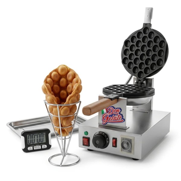 Допълнителна продуктова снимка на Bubble Waffle гофретник Don Gelato с включени подаръци – електронен таймер и метална тавичка. Подходяща визия за представяне на практичната стойност на промо офертата.