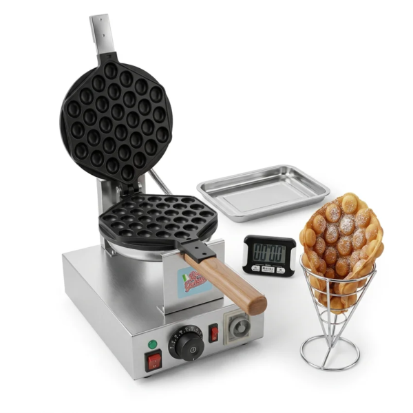 Основна продуктова снимка на промо оферта за професионален Bubble Waffle гофретник Don Gelato. Композицията включва уреда и подаръците към него – таймер, тавичка и стойка за гофрети, представени в чиста premium визия за онлайн магазин.