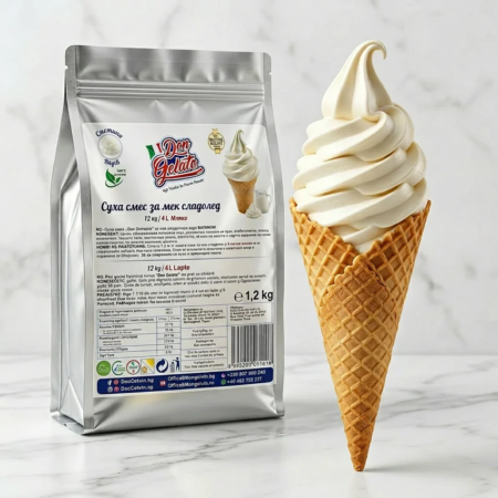 Суха смес за сметанов сладолед премиум Don Gelato с мек сладолед във вафлена фунийка