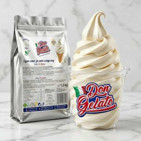 Суха смес за сметанов сладолед премиум Don Gelato с мек сладолед в премиум чаша