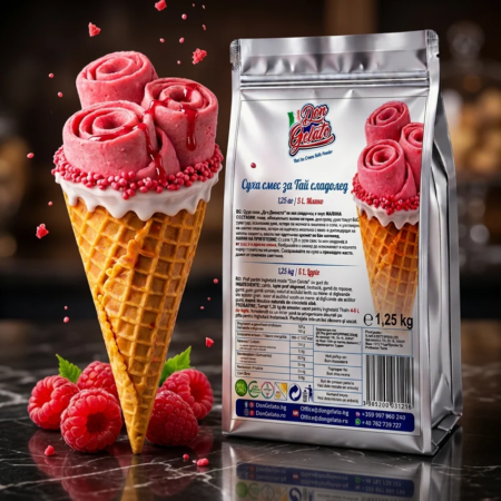 Тайландски сладолед малина във вафлена фунийка Don Gelato