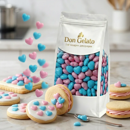 Бисквити с розови и сини сърца и захарна декорация Don Gelato