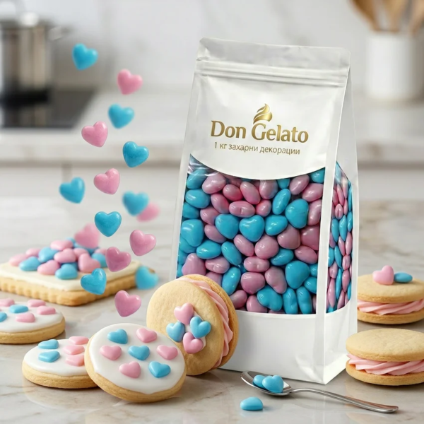 Бисквити с розови и сини сърца и захарна декорация Don Gelato