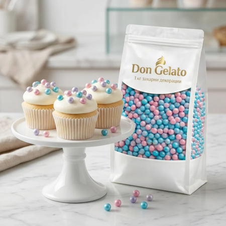 Къпкейкове с пастелни перли и захарна декорация Don Gelato