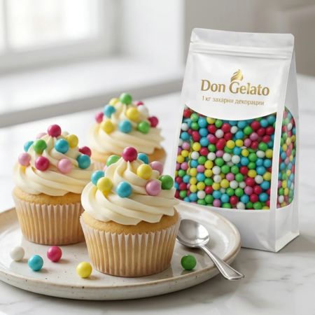 Къпкейкове с цветни перли и захарна декорация Don Gelato