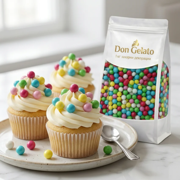 Къпкейкове с цветни перли и захарна декорация Don Gelato
