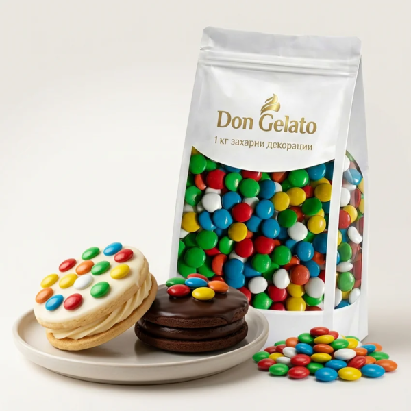 Десертни бисквити с шарени дражета и цветна захарна декорация Don Gelato