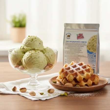 Домашен сладолед шамфъстък Don Gelato с гофрети, шамфъстък и продуктова опаковка