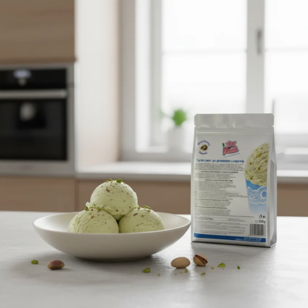 Домашен сладолед шамфъстък Don Gelato в кухненска сцена с купичка, ядки и продуктова опаковка