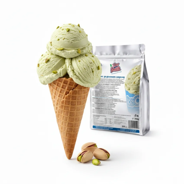 Домашен сладолед шамфъстък Don Gelato във вафлена фунийка с шамфъстък и продуктова опаковка