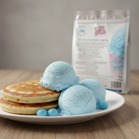 Домашен сладолед синя дъвка Don Gelato с палачинки, дъвки и продуктова опаковка