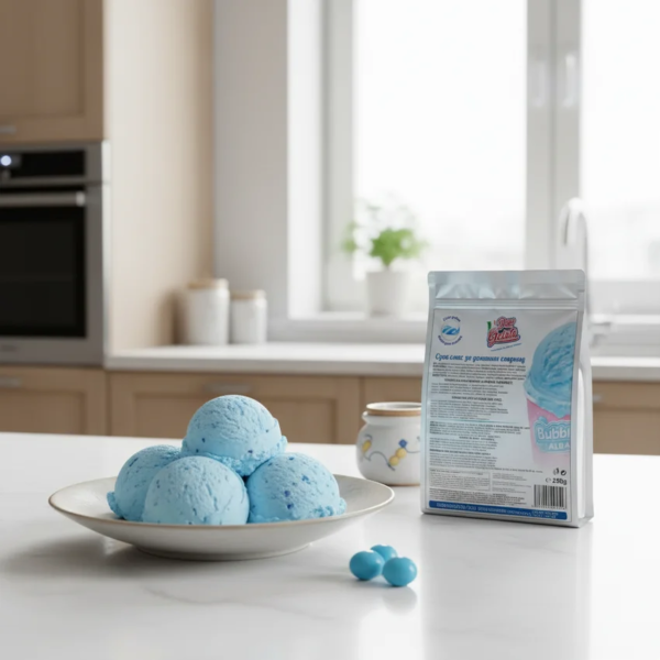 Домашен сладолед синя дъвка Don Gelato в кухненска сцена с чиния, дъвки и продуктова опаковка