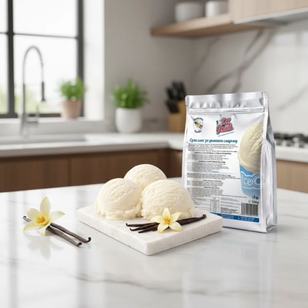 Домашен ванилов сладолед Don Gelato в кухненска сцена с опаковка, ванилия и готови топки сладолед