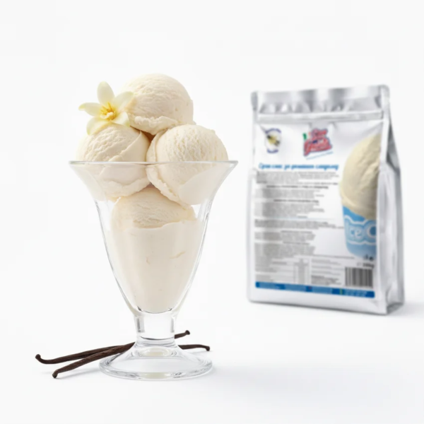Домашен ванилов сладолед Don Gelato в десертна чаша с ванилия и опаковка на заден план