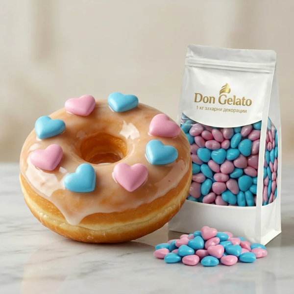 Поничка с розови и сини сърца и захарна декорация Don Gelato