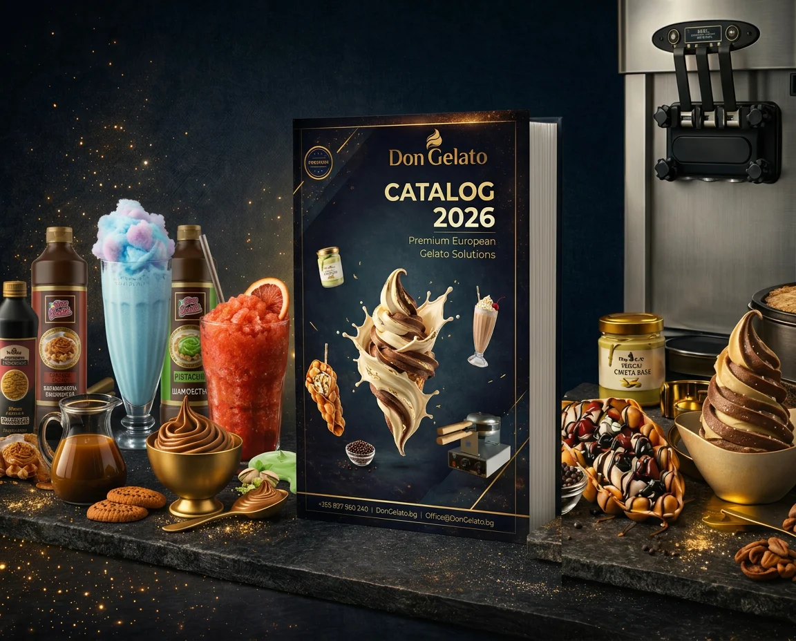 Каталог Don Gelato 2026 с премиум корица, машина, топинги и десертни продукти в луксозна продуктова композиция