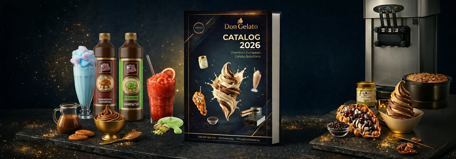 Каталог Don Gelato 2026 с премиум корица, машина, топинги и десертни продукти в луксозна продуктова композиция