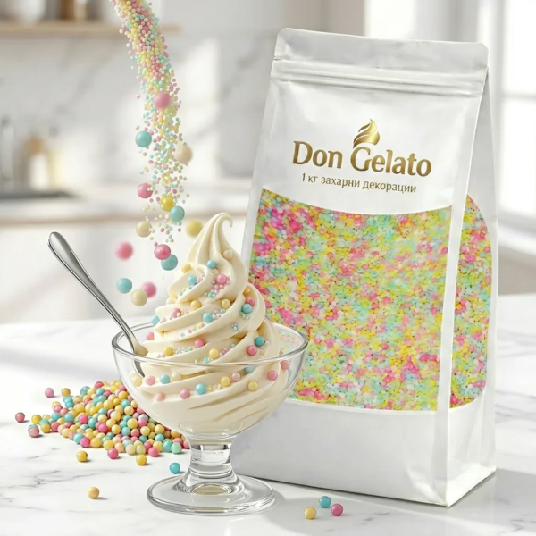 Мек сладолед с мини перлички и захарна декорация Don Gelato