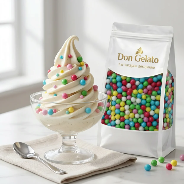 Мек сладолед с цветни перли и захарна декорация Don Gelato