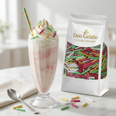 Млечен шейк с едри шарени пръчици и захарна декорация Don Gelato