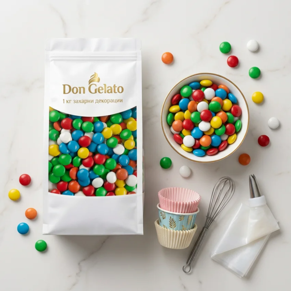Продуктова композиция с шарени дражета Don Gelato и захарни декорации