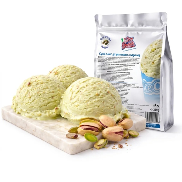 Суха смес за домашен сладолед шамфъстък Don Gelato с три топки сладолед и шамфъстък