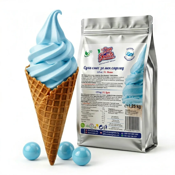 Суха смес за сладолед синя дъвка с мляко Don Gelato с млечно син сладолед във фунийка