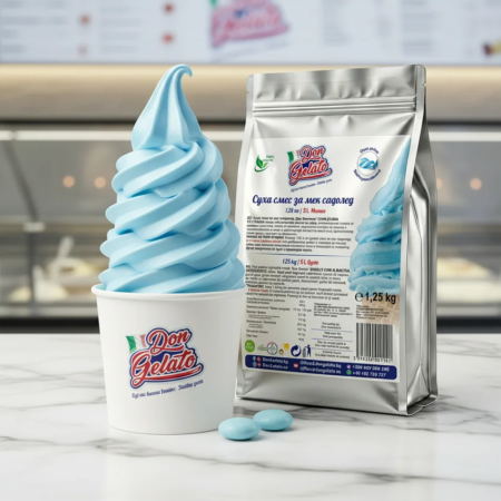Сладолед синя дъвка с мляко Don Gelato в gelato bar сцена с premium поднасяне