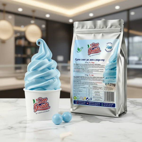 Сладолед синя дъвка с вода Don Gelato в gelato bar сцена с premium поднасяне