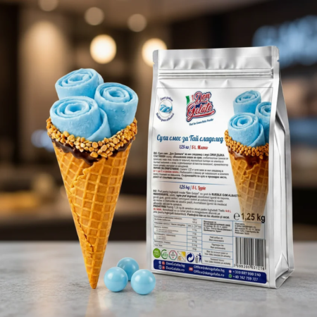 Премиум рекламна сцена с тайландски сладолед Синя дъвка Don Gelato и млечно сини ролки