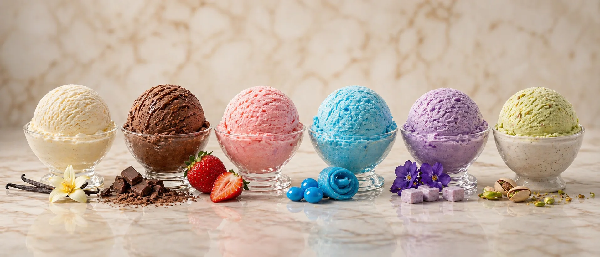 Сухи смеси за домашен сладолед Don Gelato с вкусове ванилия, шоколад, ягода, синя дъвка, виолетка и шамфъстък