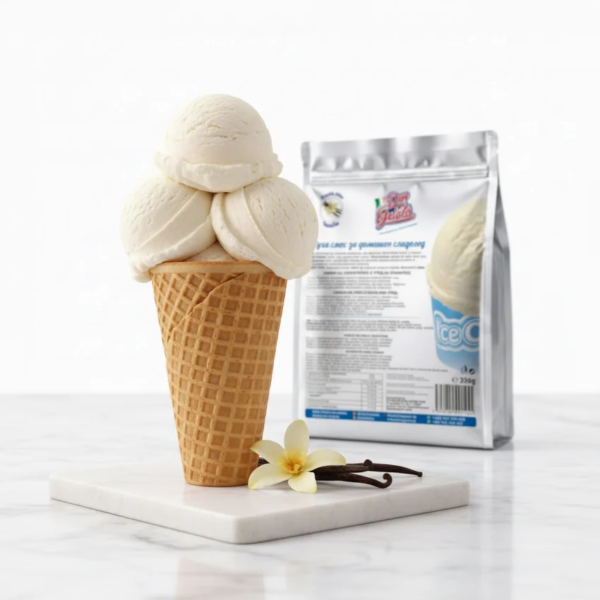 Ванилов домашен сладолед Don Gelato във вафлена фунийка с опаковка и ванилови акценти