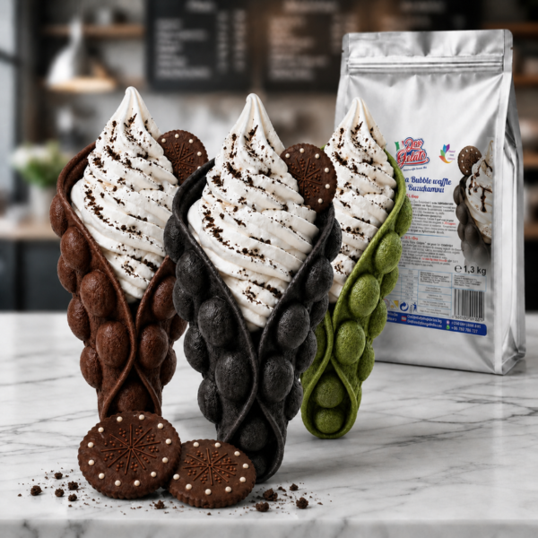 Черни Bubble Waffle с бисквитки Don Gelato в цветна десертна презентация с различни вкусове