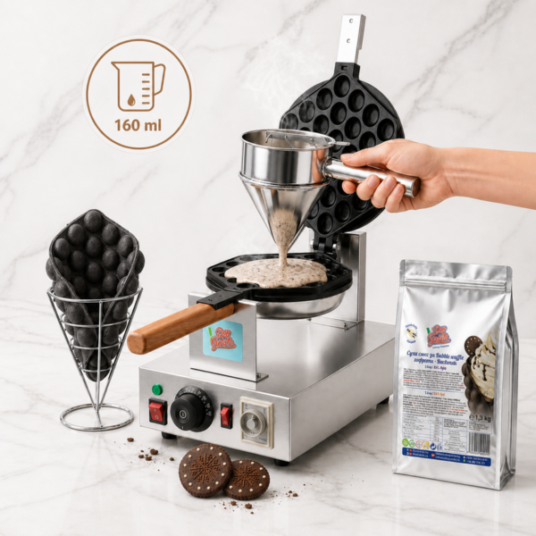 Приготвяне на черни Bubble Waffle с бисквитки Don Gelato с дозиране 160 ml смес в професионална машина