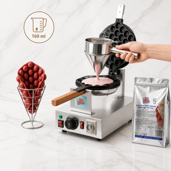 Приготвяне на червени Bubble Waffle Red Velvet Don Gelato с дозиране 160 ml смес в професионална машина