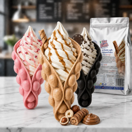 Bubble Waffle лешников крем Don Gelato в цветна десертна презентация с различни вкусове