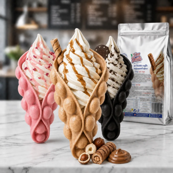 Bubble Waffle лешников крем Don Gelato в цветна десертна презентация с различни вкусове
