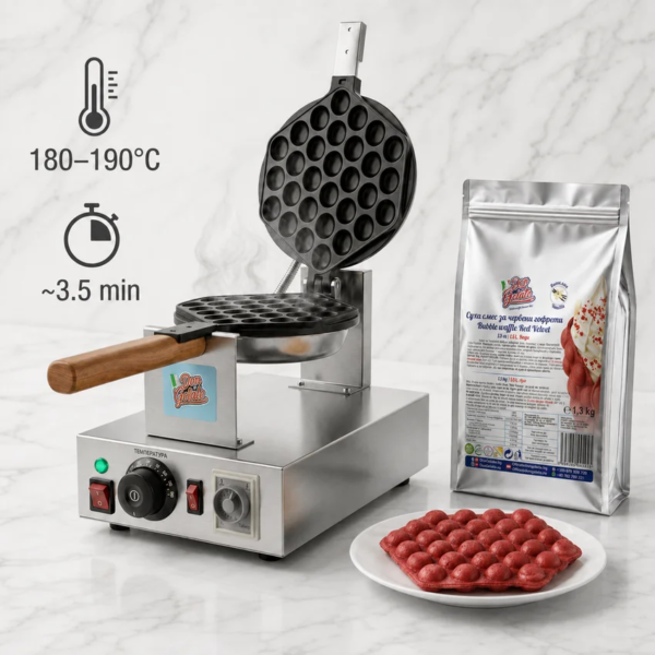 Bubble Waffle машина Don Gelato със суха смес за червени гофрети Red Velvet и температура 180–190°C