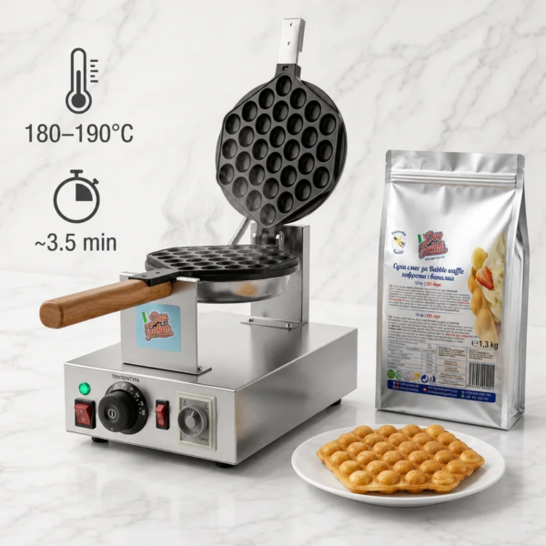 Bubble Waffle машина Don Gelato с ванилова суха смес и препоръчителна температура 180–190°C