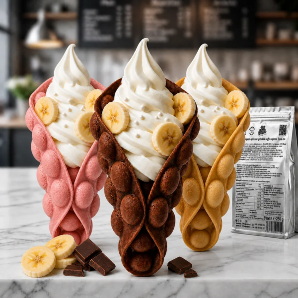 Bubble Waffle шоколад Don Gelato с червена и зелена гофрета като цветна десертна презентация
