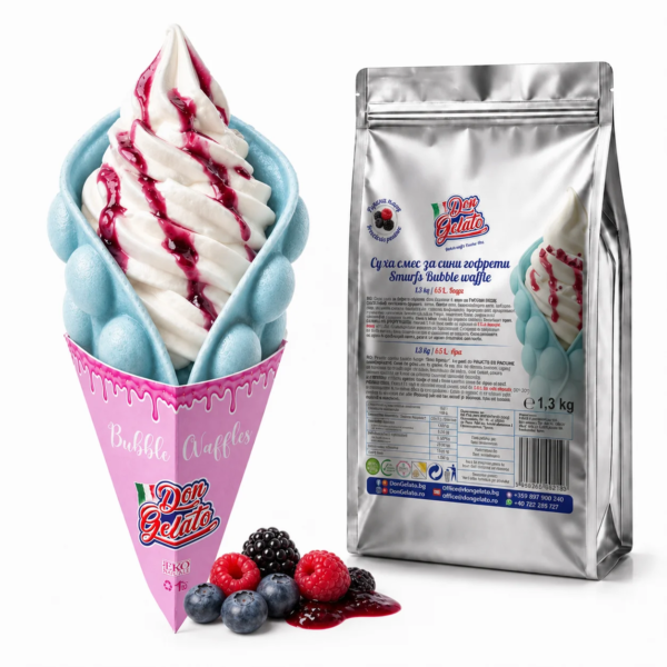 Сини Bubble Waffle Smurfs Don Gelato с мек сладолед в розов хартиен холдер