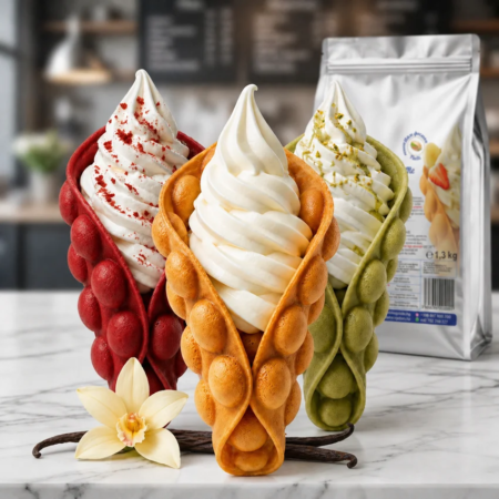 Bubble Waffle ванилия Don Gelato с червена и зелена гофрета като цветна десертна презентация