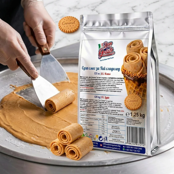Приготвяне на тайландски сладолед карамелена бисквитка Don Gelato