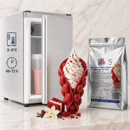 Червени Bubble Waffle Red Velvet Don Gelato в цветна десертна презентация с различни вкусове