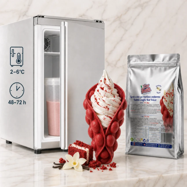 Червени Bubble Waffle Red Velvet Don Gelato в цветна десертна презентация с различни вкусове