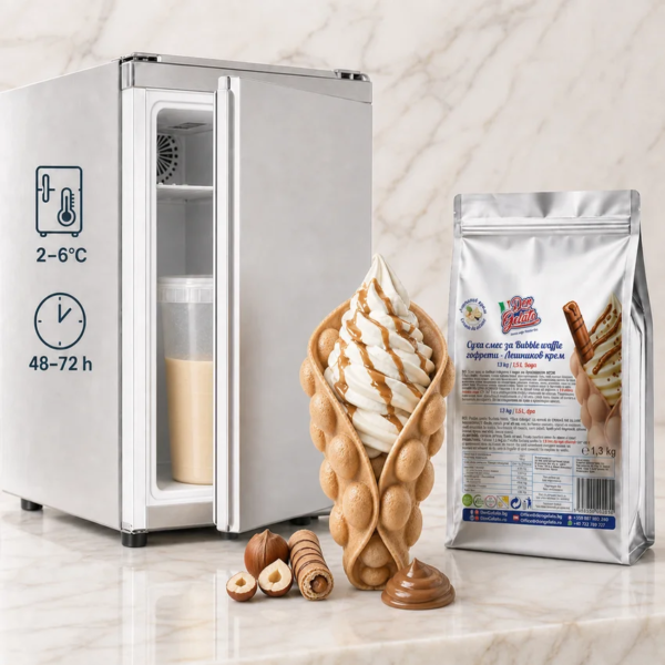 Bubble Waffle машина Don Gelato със суха смес за гофрети лешников крем и температура 180–190°C