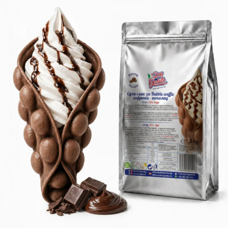 Суха смес за Bubble Waffle шоколад Don Gelato с шоколадова гофрета, сладолед и опаковка