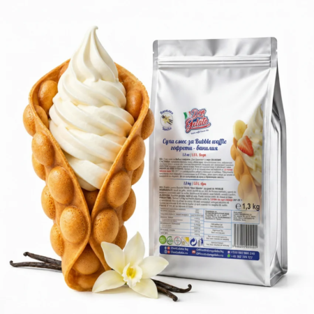 Суха смес за Bubble Waffle ванилия Don Gelato с готова гофрета, сладолед и сребърна опаковка