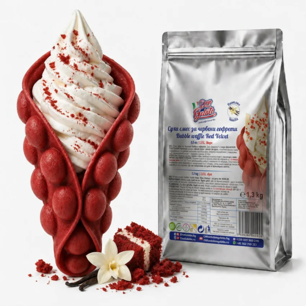 Суха смес за червени Bubble Waffle Red Velvet Don Gelato с готова червена гофрета, сладолед и опаковка